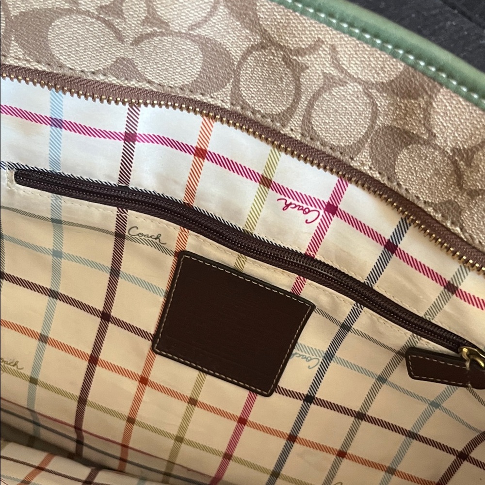 Coach Canvas Tote with Green Stripe and Tan Monogram - Picture 3 of 3
